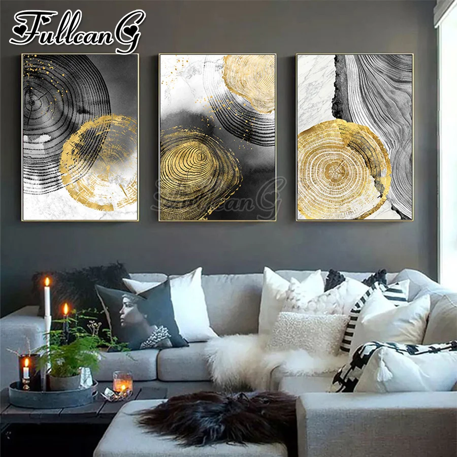 

FULLCANG 5d diy diamond embroidery black Ink Annual Ring Abstract diamond painting triptych full square round drill FC2974