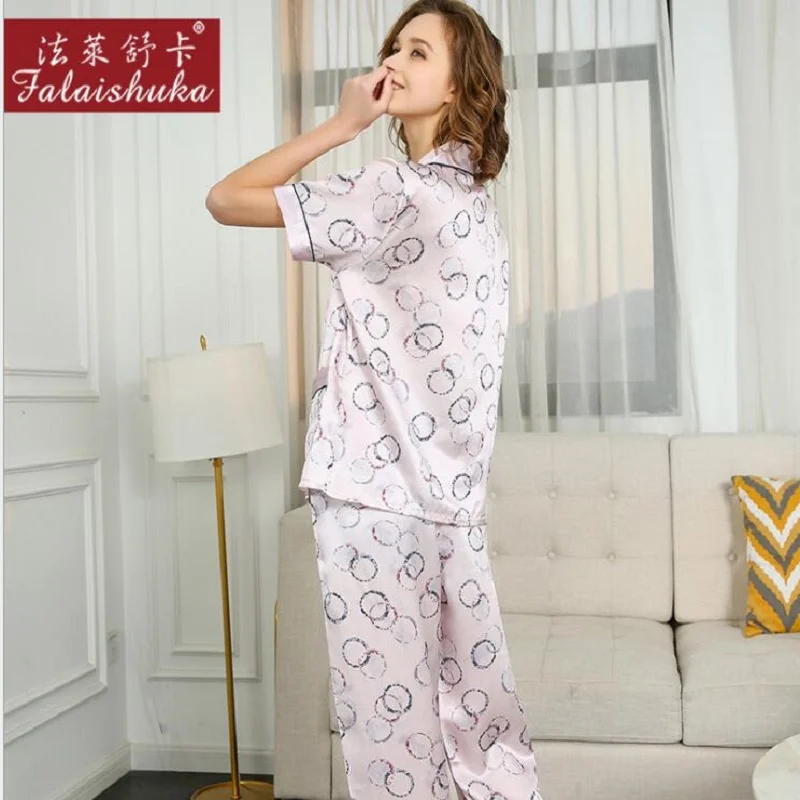 Lady 100% SilK Stain Pajamas Sets  Short Sleeve Floral Print Pink Summer Silk  Home wear Sleepwears Sets 2020 Home Pyjama Sets