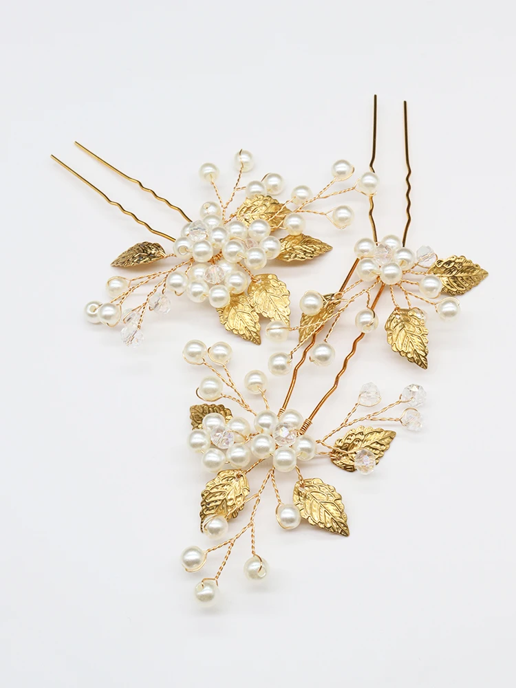 Винтаж сусальное золото свадебные заколки для волос ручной работы с жемчужной