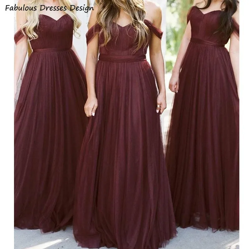 

Sweetheart Off Shoulder Bridesmaid Dresses Burgundy Long A Line Tulle 2021 Wedding Party Dress Chic Robe De Soiree De Mariage