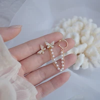 2021 korean elegant earrings crystal pearl butterfly stud earrings for women girl fashion metal chain boucle doreille jewelry