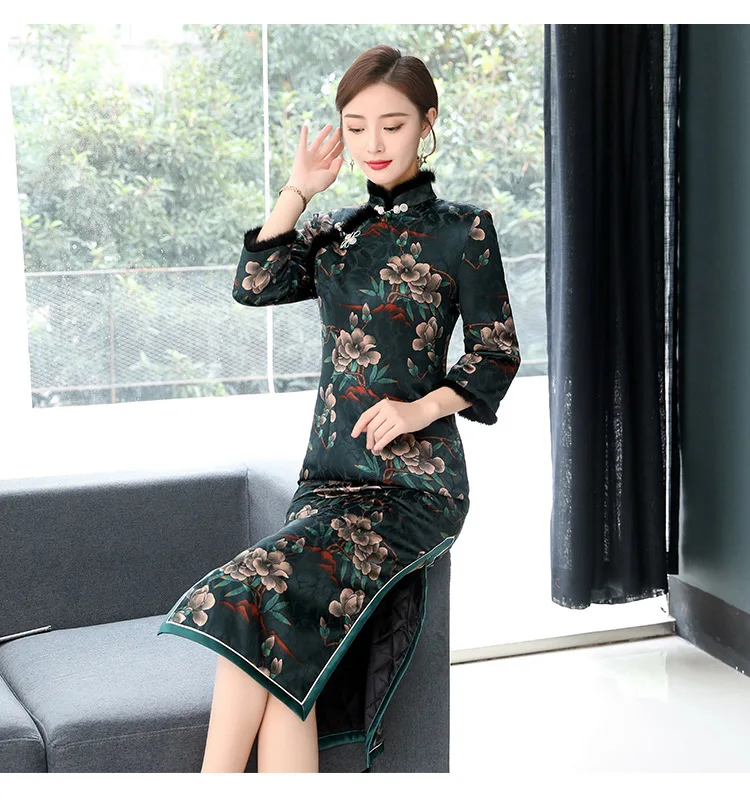 Винтажное хлопковое теплое китайское женское жаккардовое платье cheongsam Осень и зима Новинка