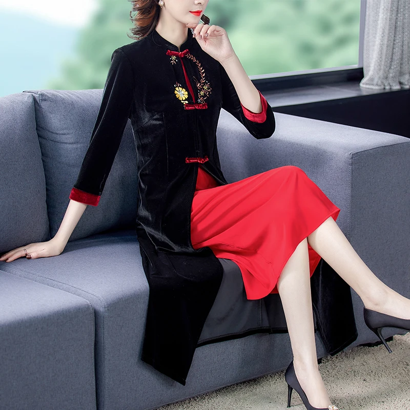 

COIGARSAM Women Dress Autumn 2021 New Chinese Style Office Lady Cheongsam Long Sleeve Solid Embroidery Stand Neck Black Dresses