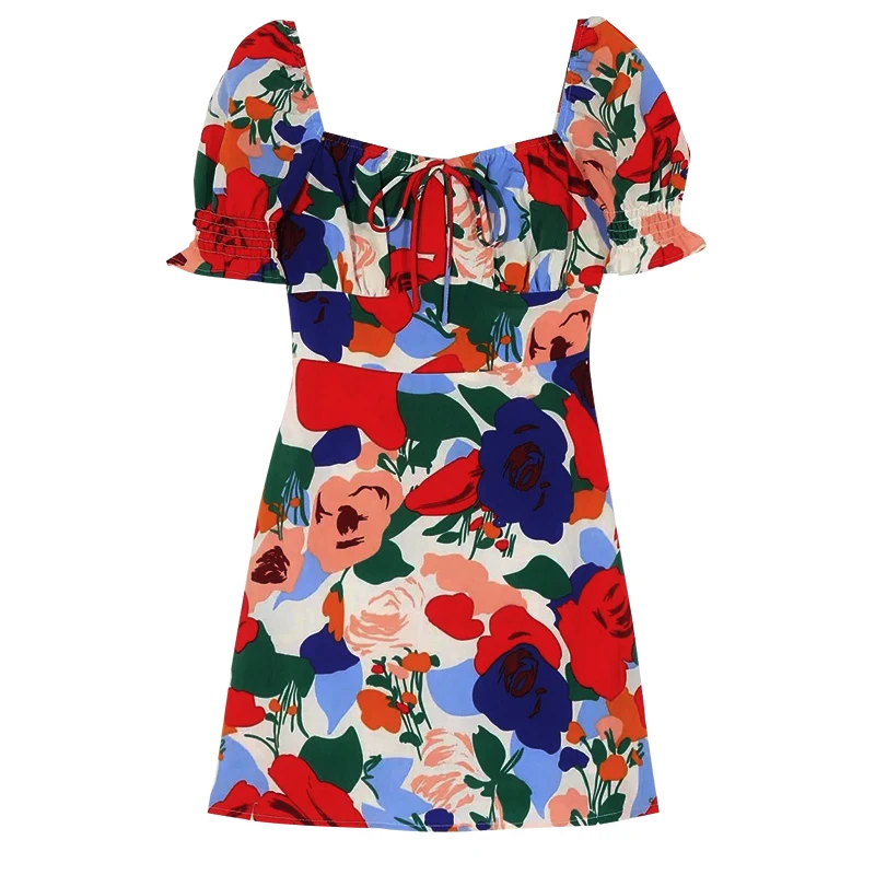 

Summer Dress Retro Boho Women Tie Neck Floral Print Mini Sexy White Dress Elegant Puff Sleeve Lace Up Art Aesthetic Dresses 2021