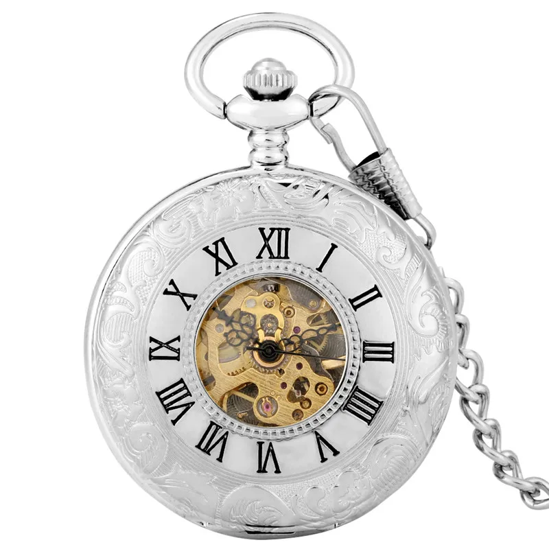 

Luxury Silver Alloy Pocket Watches Hollow Double Hunter Vintage Roman Numberal Mechanical Hand Wind Pendant Chian Unisex Gifts