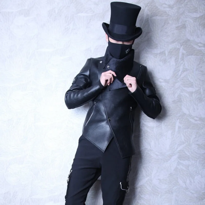 

Winter Mens Short Slim Pu Jacket Luxury Designer Punk Fashion Warm Zipper Leather Coat Male Stage Clothes Men S-3XL