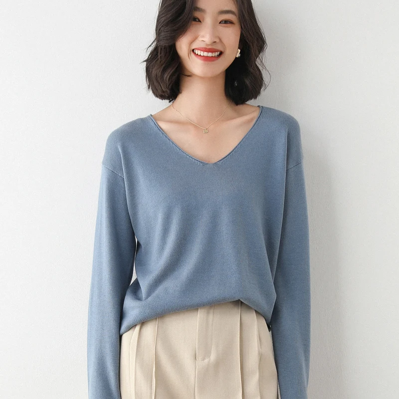 Женский свитер Осенний мягкий тонкий пуловер с v-образным вырезом и длинным