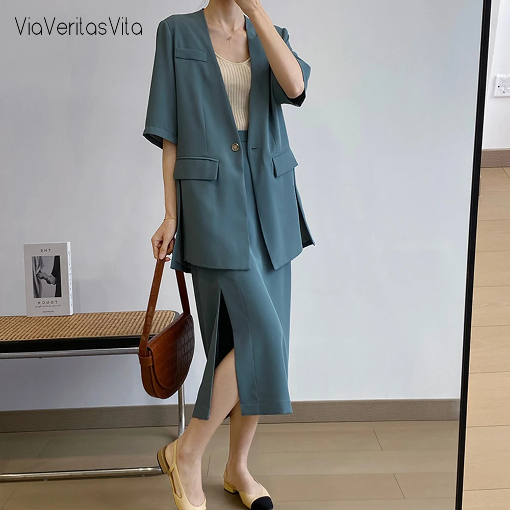 

Summer 2021 New Womens Blazer Skirt Suit Set Single Botton Half Sleeve Loose Blaser Coat Side Split Midi Skirt Solid Korean Set
