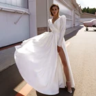 Свадебные платья трапециевидной формы с V-образным вырезом, высоким разрезом, рукавами-фонариками, драпированные створки, пикантное Элегантное Длинное модное платье невесты с открытой спиной, 2020
