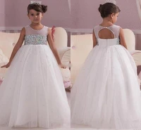 princess white wedding flower girl dresses empire waist crystals open back custom made cheap baby communion girls pageant dress