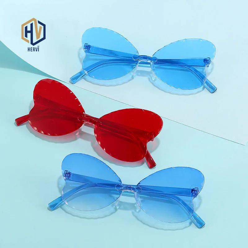 

Очки солнцезащитные пластиковые без оправы для девочек, нестандартные градиентные солнечные очки конфетных цветов с бабочками, UV400