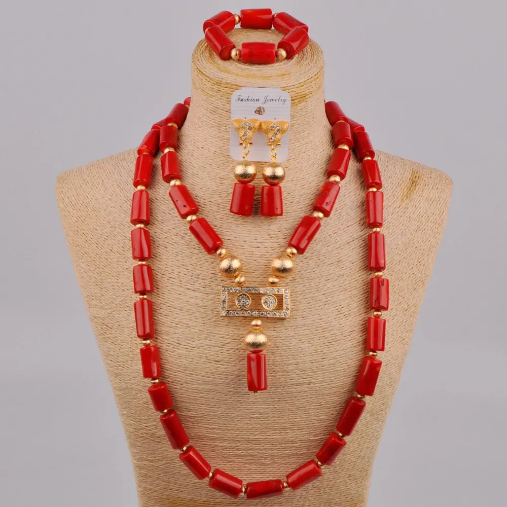 

Latest Nigerian Coral Beads African Wedding Beads Red/ White/ Orange Coral Bridal Jewelry Sets 2R-D-02