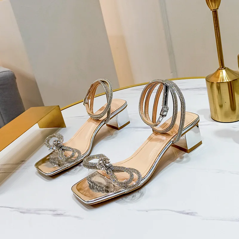 

2021 New Square Toe Hollowed Sandals Bow Rhinestone Strap Women's Sandals