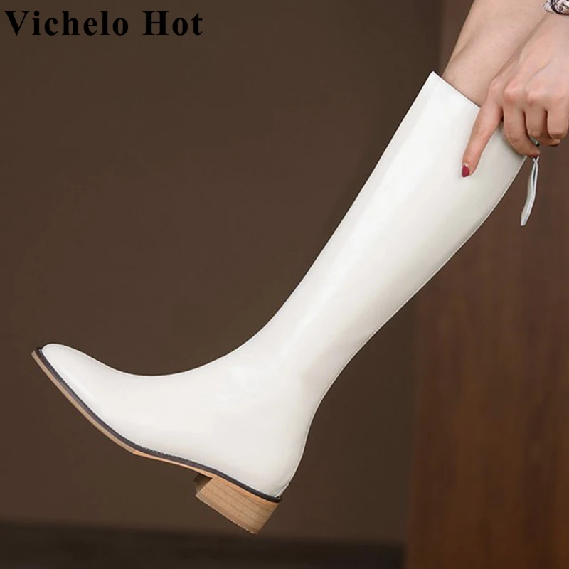 

Vichelo Hot 2022 full grain leather Korean boots fairy winter pointed toe young lady low heels back zipper thigh high boots l77