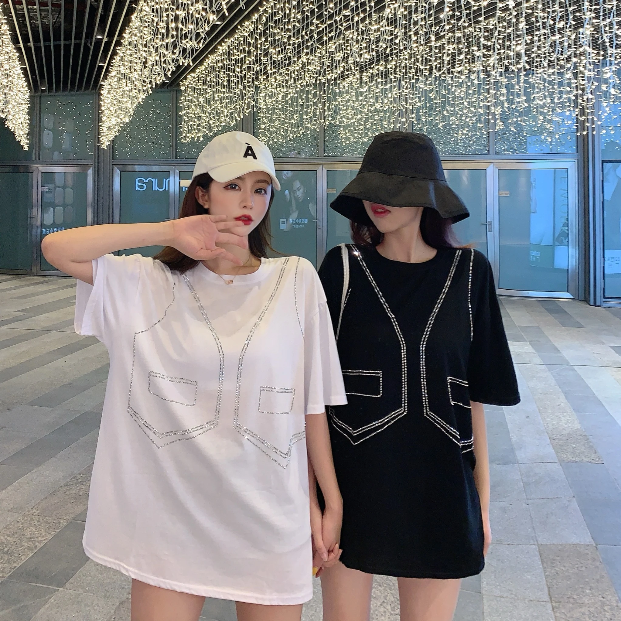 

Summer White Loose T-shirt Women Fashion O-neck Short-sleeved Sequins Thin Harajuku Streetwear Hip-hop Cool Party T-shirt Tops