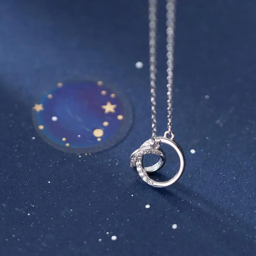 

925 Sterling Silver Necklace Flash Diamond Geometric Double Circle Pendant Female Fashion Clavicle Chain Birthday Gift Jewelry