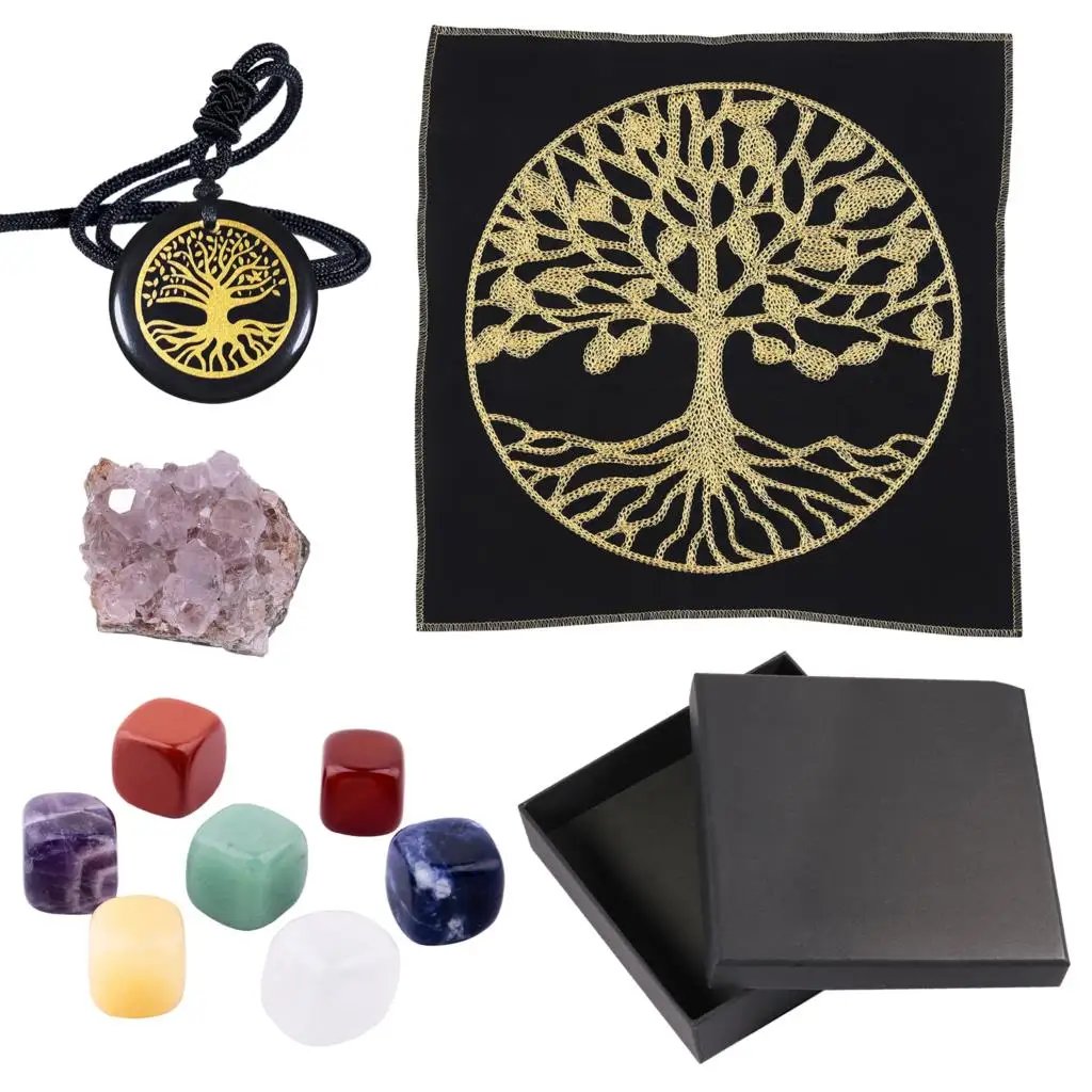 

7 Chakra Stones & Amethyst Cluster & Obsidian Pendant Healing Crystal Stone Set with Tree of Life Energy Mat For Yoga Meditation