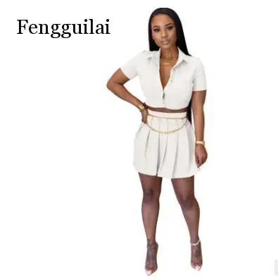 

Women's Solid Color Fashion Short Sleeve Shirt + Mini Casual Beach Party Skirt Cute Short Two Piece Set Wholesale