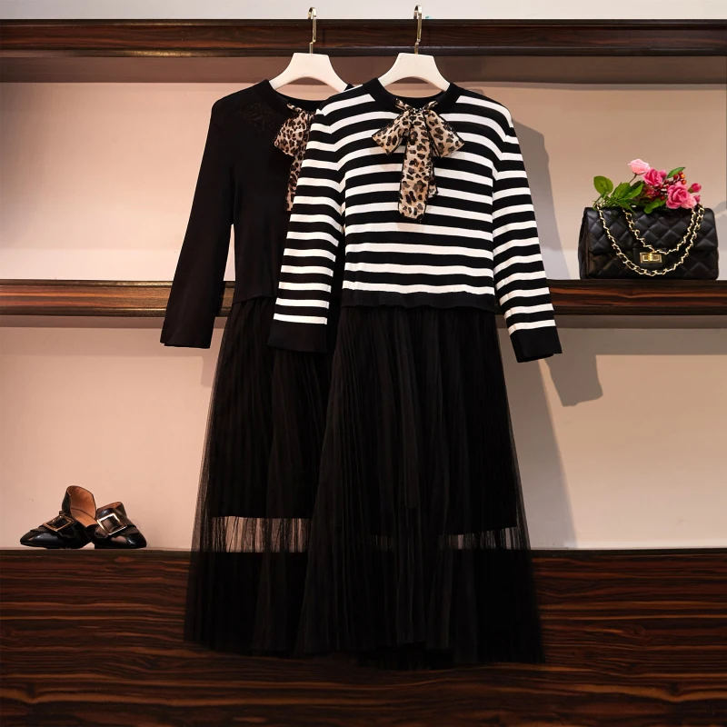 

Искусственное осеннее платье большого размера, женская одежда с двумя сетчатыми нитями, вязаные юбки, закрывающие живот и старые платья