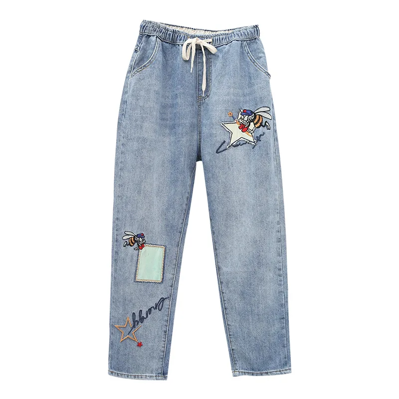 

Women Summer Fashion Elastic Waist Ankle Waist Cartoon Embroidery Oversized BF Style Denim Jeans Office Lady Loose Harem Pants