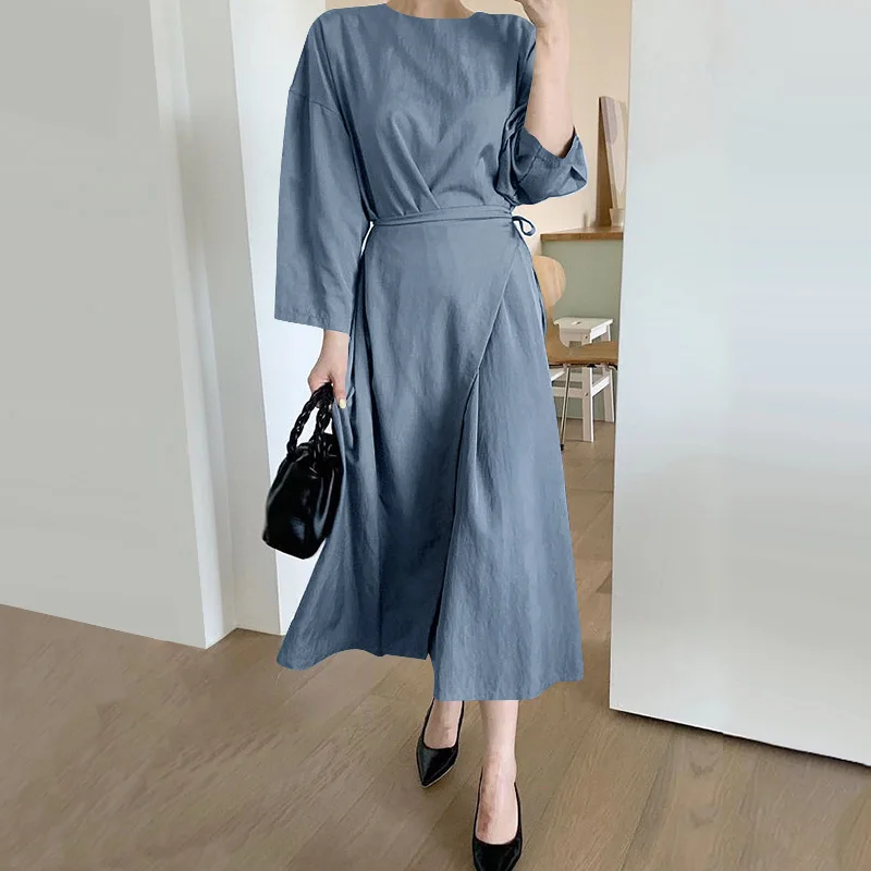 

VONDA Women Casual O Neck Dress With Belted Autumn Loose Holiday Long Dresses Vestidos Ladies Solid Color Elegant Party Sundress