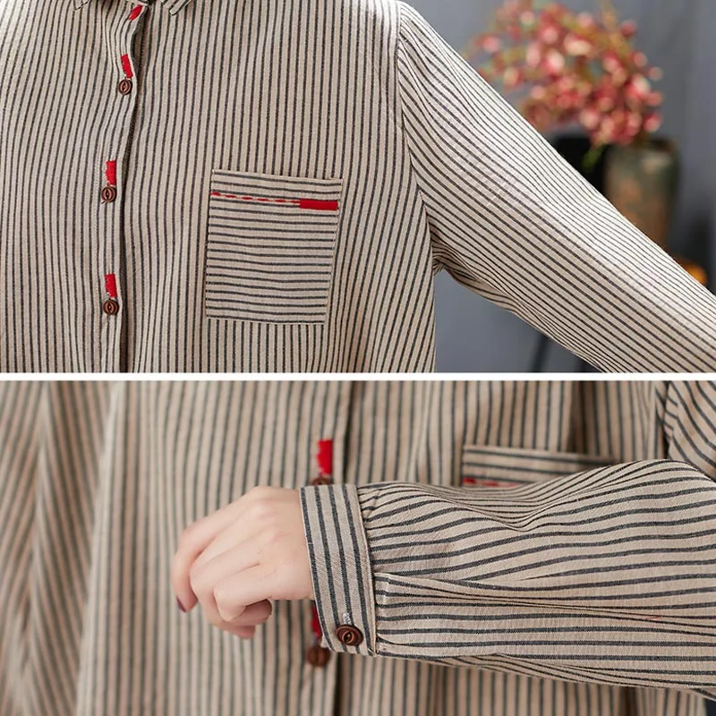 

Plus Size Women Shirts Vintage Autumn Long Sleeve Striped Office Lady Basic Female Blouse Big Size Loose Blouses And Tops 5XL