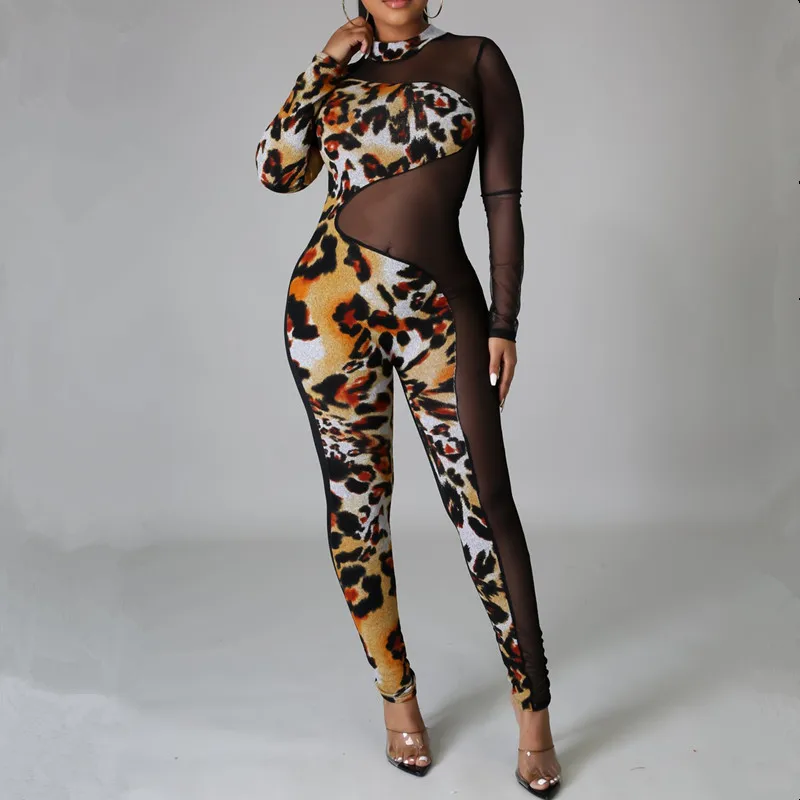 

Women Leopard Printed Patchwork Mesh Skinny Jumpsuit Spring Autumn Long Sleeve See Through Outfit Bar Birthday Party One Piece