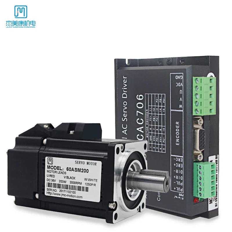 200 Вт 36VDC 0.64N. m NEMA24 экономичный AC Серводвигатель комплект 1250 line 3000 об/мин JMC 60ASM200 +