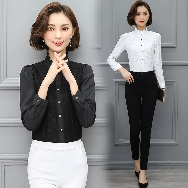 Black White Shirts Women Autumn Spring Korean Bottom Tops Plus Size 3XL Office Ladies Lace Bow Floral Chiffon Blouse |