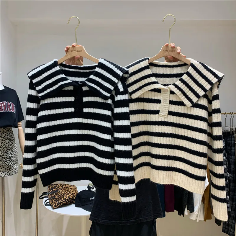 

2021 Spring Stripe Loose And Versatile Navy Style Baby Collar Age Reduced Lapel Knitted Sweater For Women