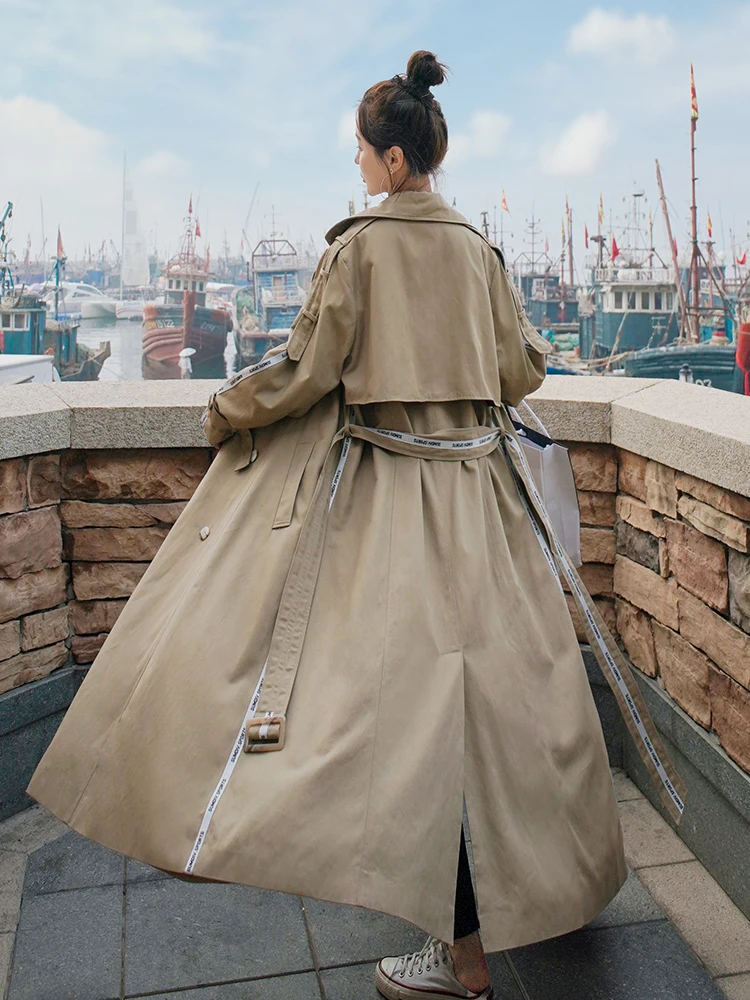 

Khaki Over-knee Trench Coat For Women 2020 Autumn New Korean Style Temperament Loose Design Chic Windbreaker Ladies Outwear
