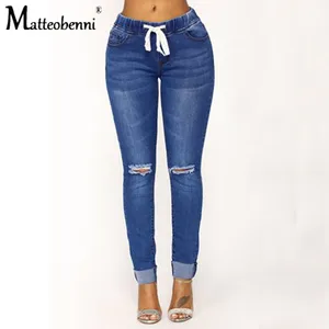 Женские обтягивающие джинсы, синие штаны-карандаш с эластичным поясом, с дырками, для осени, 2020