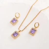 bangrui luxury female purple stone rectangle pendant necklace earrings fashion gold vintage stud wedding jewelry for women