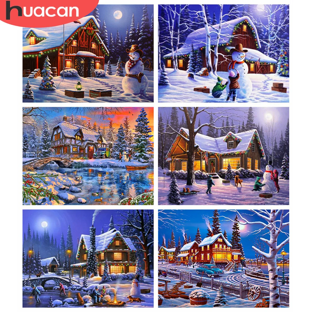 

HUACAN Full Square 5d Diamond Painting House Mosaic Winter Home Decor DIY Diamond Embroidery Landscape Handicraft