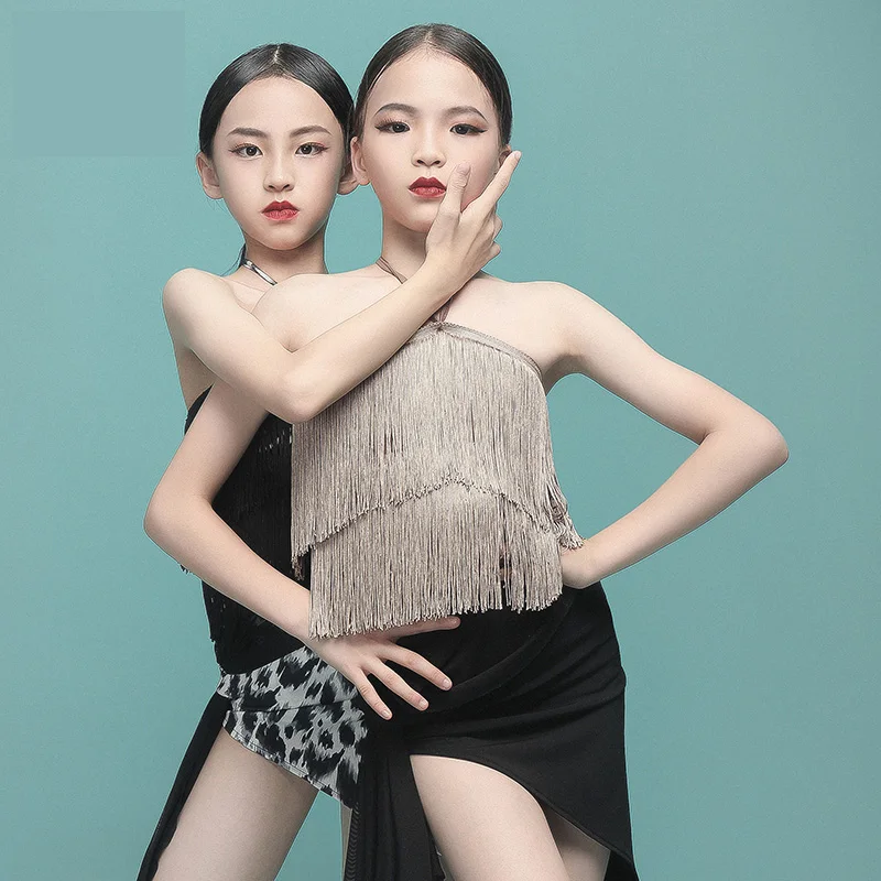 

Одежда для латиноамериканских танцев без рукавов с бахромой и открытой спиной, топ для маленьких девочек, детей и детей, модный костюм для б...