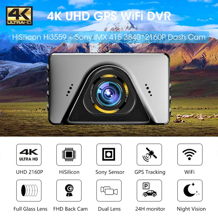 Olysine UHD 2160P Автомобильный видеорегистратор GPS WiFi 4K IMX415 Автомобильная камера