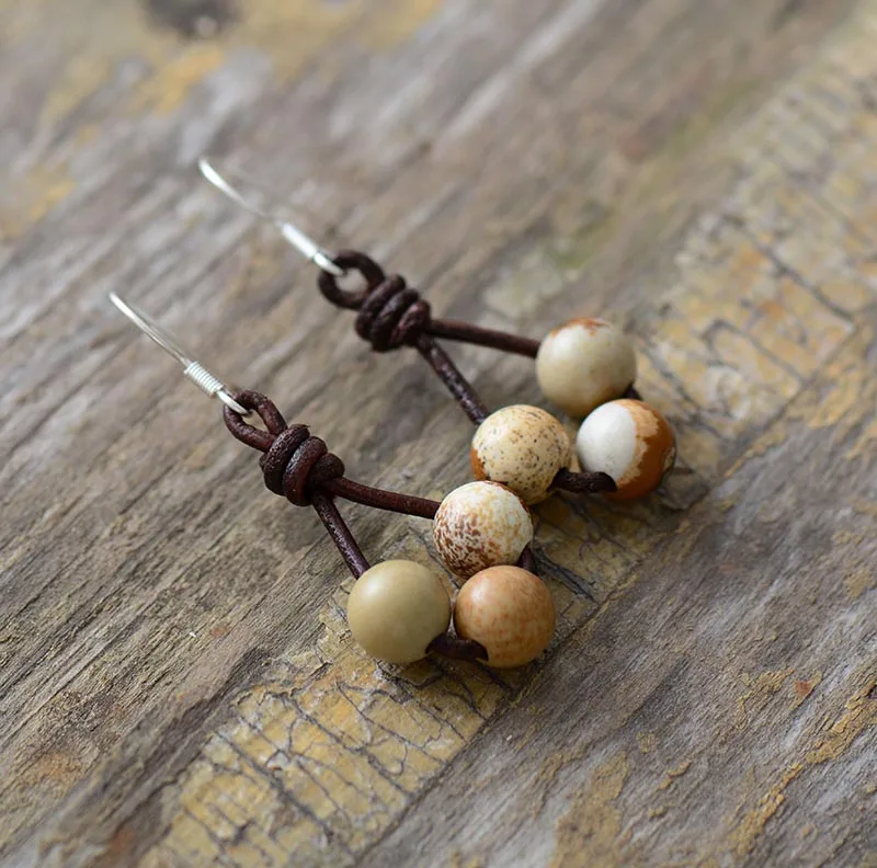 Женские серьги с натуральными камнями винтажные кожаные висячие дизайнерские