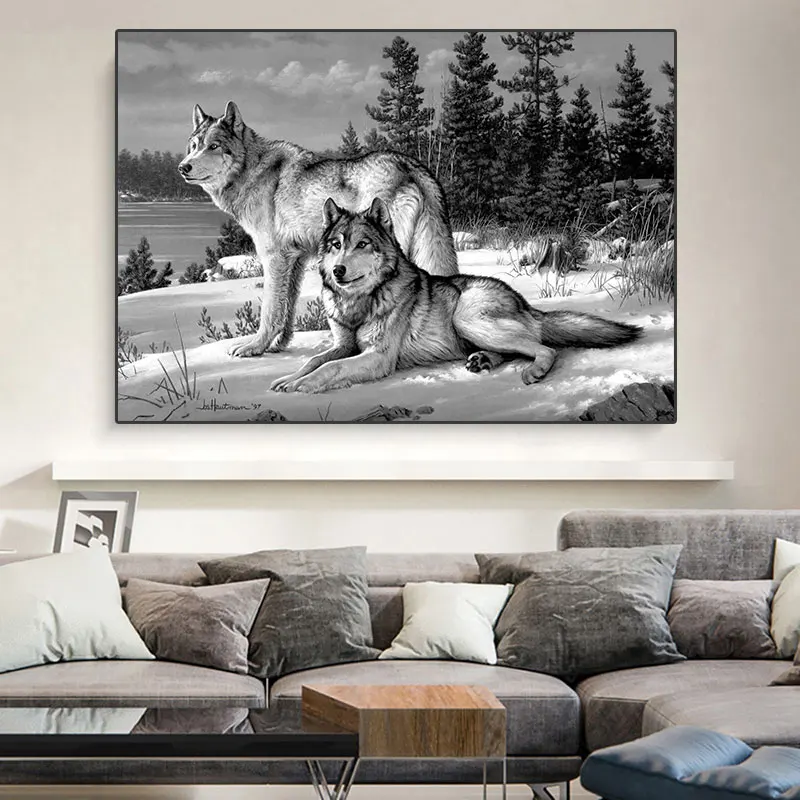 Современный Ретро стиль черно-белый крутой волк животные холст картины плакаты и