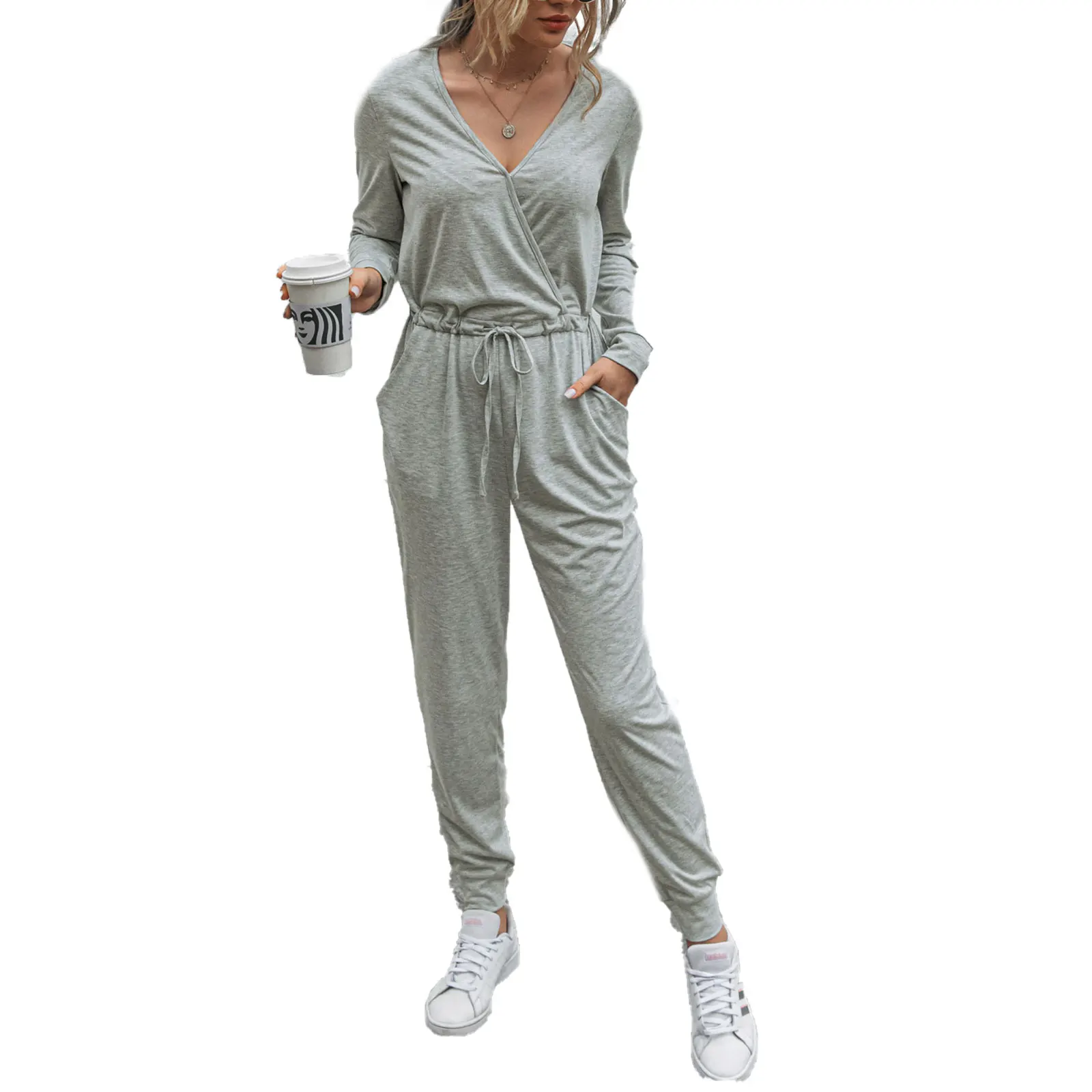 

Women Thin European American Lady Jumpsuit Solid One-piece Long Sleeve Deep V-neck Bodysuit with Elastic Inner Waist Drawstring