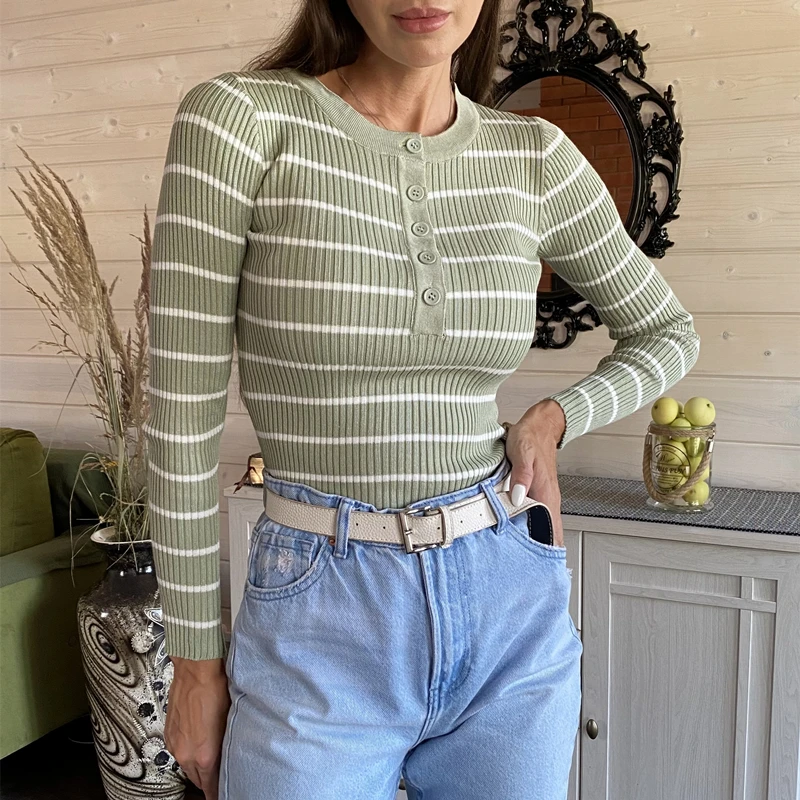 

SYJ New 2021 Winter Spring Women Sweater Buttons Knitted Pullovers Striped Casual Fashionable Wild Ladies Tops SW1696