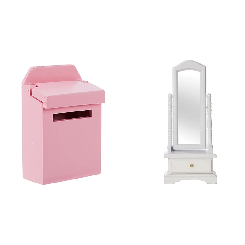 

1 Pcs Mailbox Dollhouse Miniature Fairy Garden Decor Pink & 1 Pcs Full-Length Dressing Mirror Model With Drawer