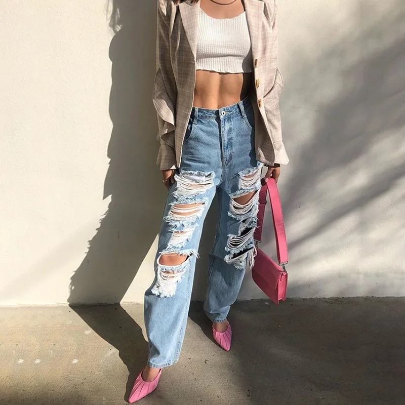 

High Waist Loose Jeans Clothes Women Casual Blue Denim Streetwear Ripped Hole Trousers Lady Fashion Straight Pants 2021