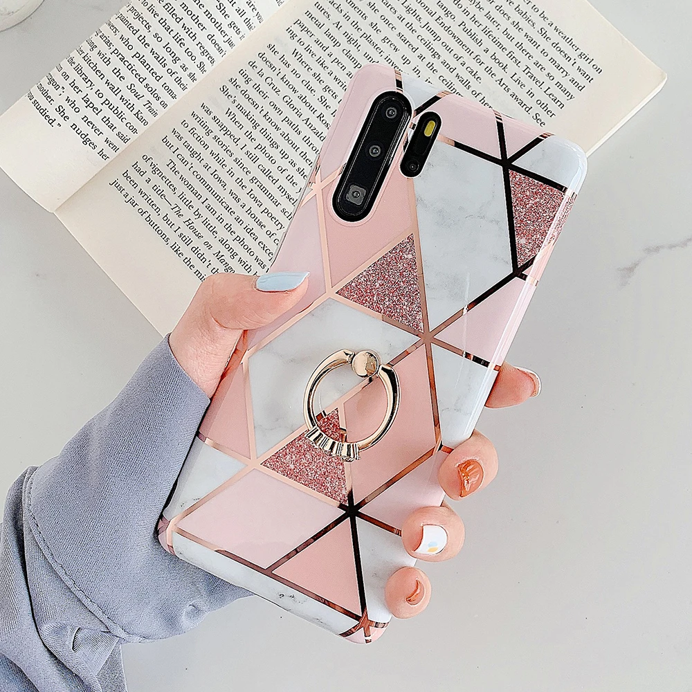 Plated Geometric Marble Phone Case With Ring For Huawei P20 P30 P40 Pro Lite Mate 20 Soft IMD Cover | Мобильные телефоны и