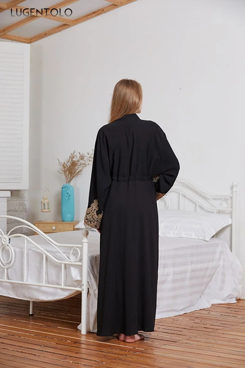 

Lugentolo New Women Elegant Dress Loose Embroidered Diamond Dinner Big Swing Dress Drawstring Waist Lady Long Bat Sleeve Dress