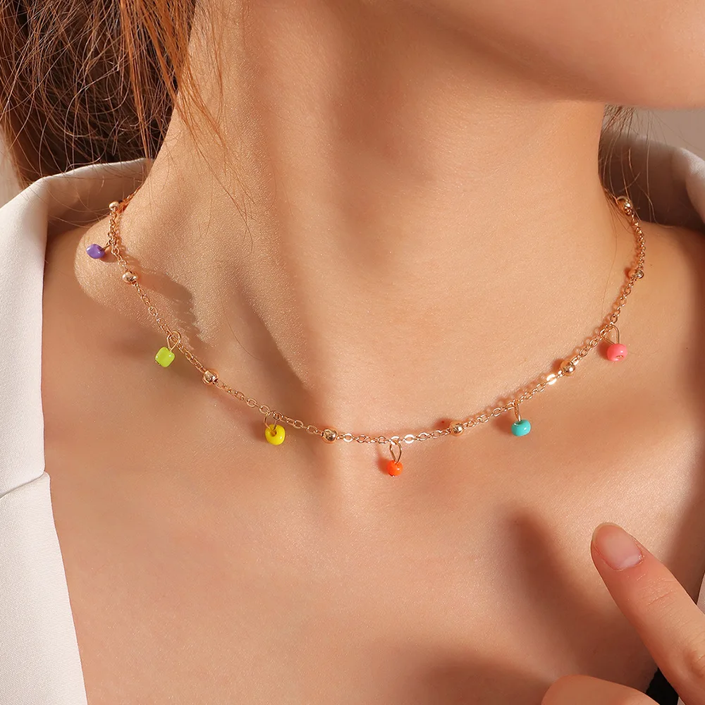 

Small Water Drop Colorful Rice Bead Necklaces Womens Summer Simple Bohemian Beach Neck Chains Choker Necklaces Jewelry For Girls