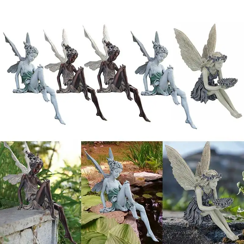 

Flower Fairy Sculpture Garden Landscaping Yard Art Ornament Resin Turek Sitting Statue Outdoor Angel Girl Figurines Craft