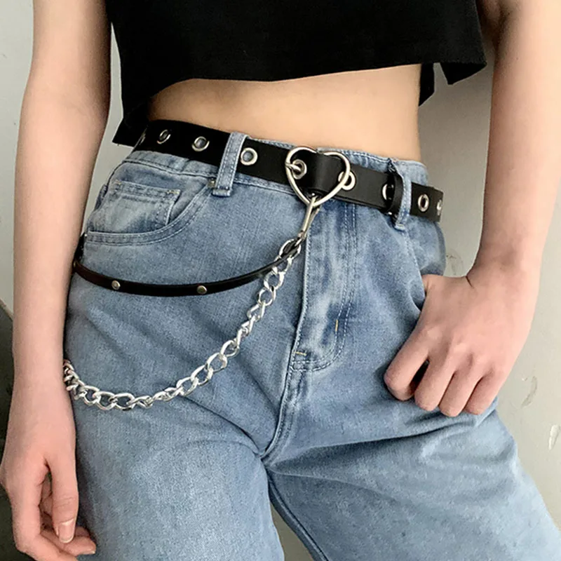 

Fashion Women Punk Belt Chain Metal Heart Buckle Grommet Leather Waist Strap Jeans Decorative Waistband Harajuku Student