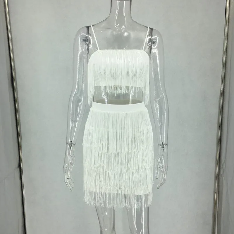 Мини-платье из двух частей с кисточками на тонких бретельках сексуальное Белое