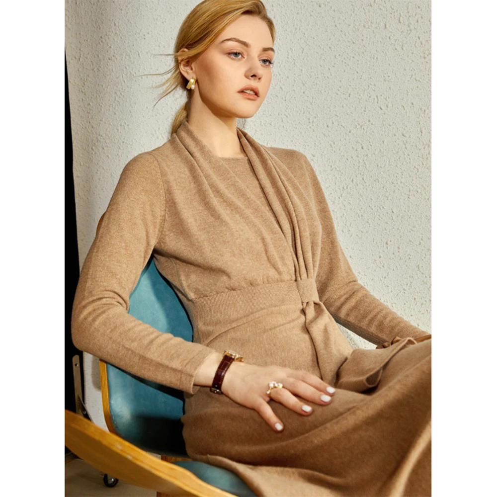 

MAISON GABRIELLE 2020 100% Merino Wool Draped Scarf Collar Knitted Midi Dress Sweater Dress A-Line Skirt Elegant Warm Retro