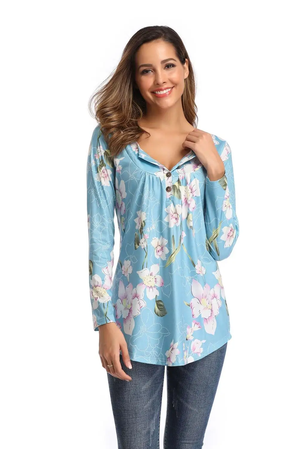 

2020 Autumn Women Print Flowers T-shirt Ladies Casual Loose O-Neck Buttons Pullover Tops Woman Street Plus Size Sun flower Tees